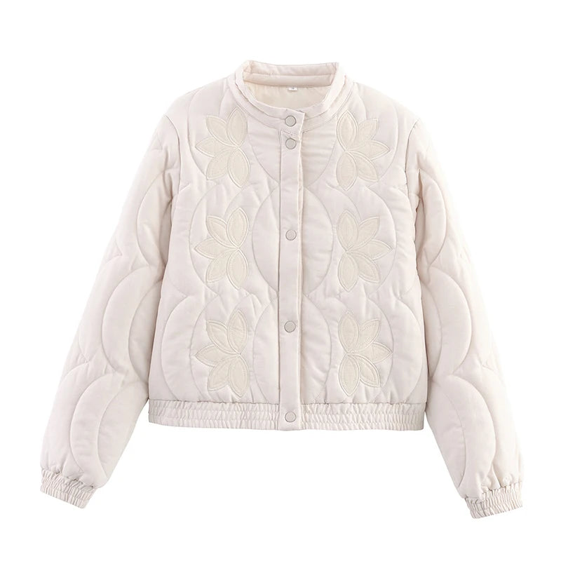 Women’s Vintage Quilted Jacket – Floral Embroidery Stand Collar Long Sleeve Casual Coat, Autumn Outerwear