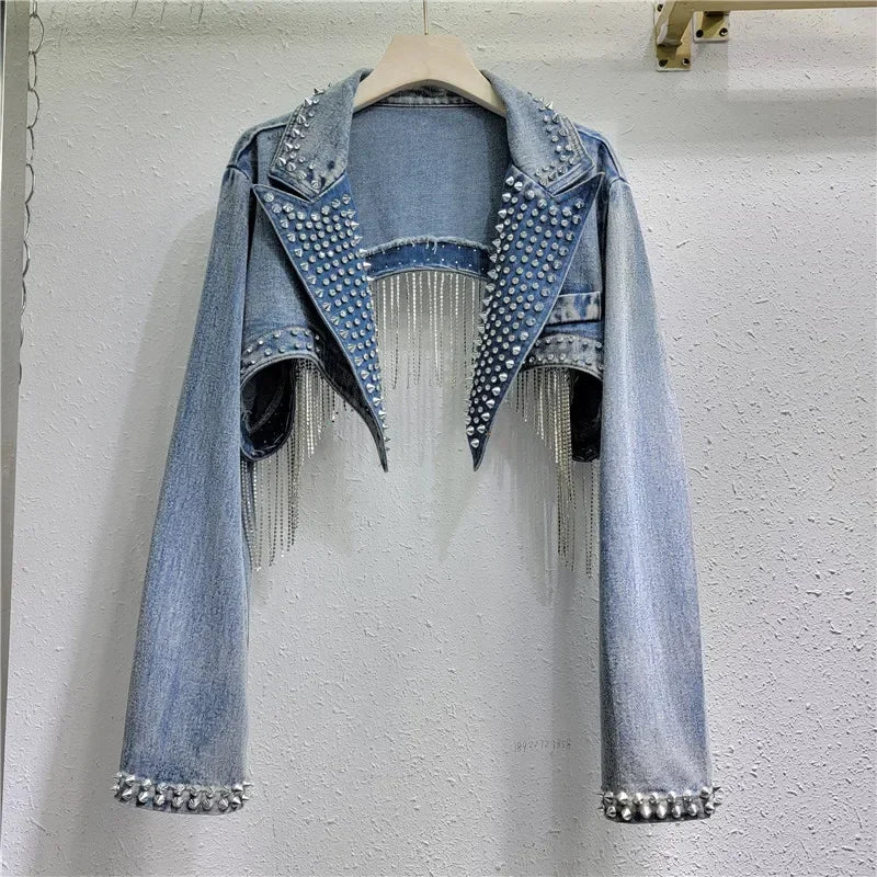 Rhinestone Beaded Tassels Rivets Denim Jacket Short Backless Jeans Coat