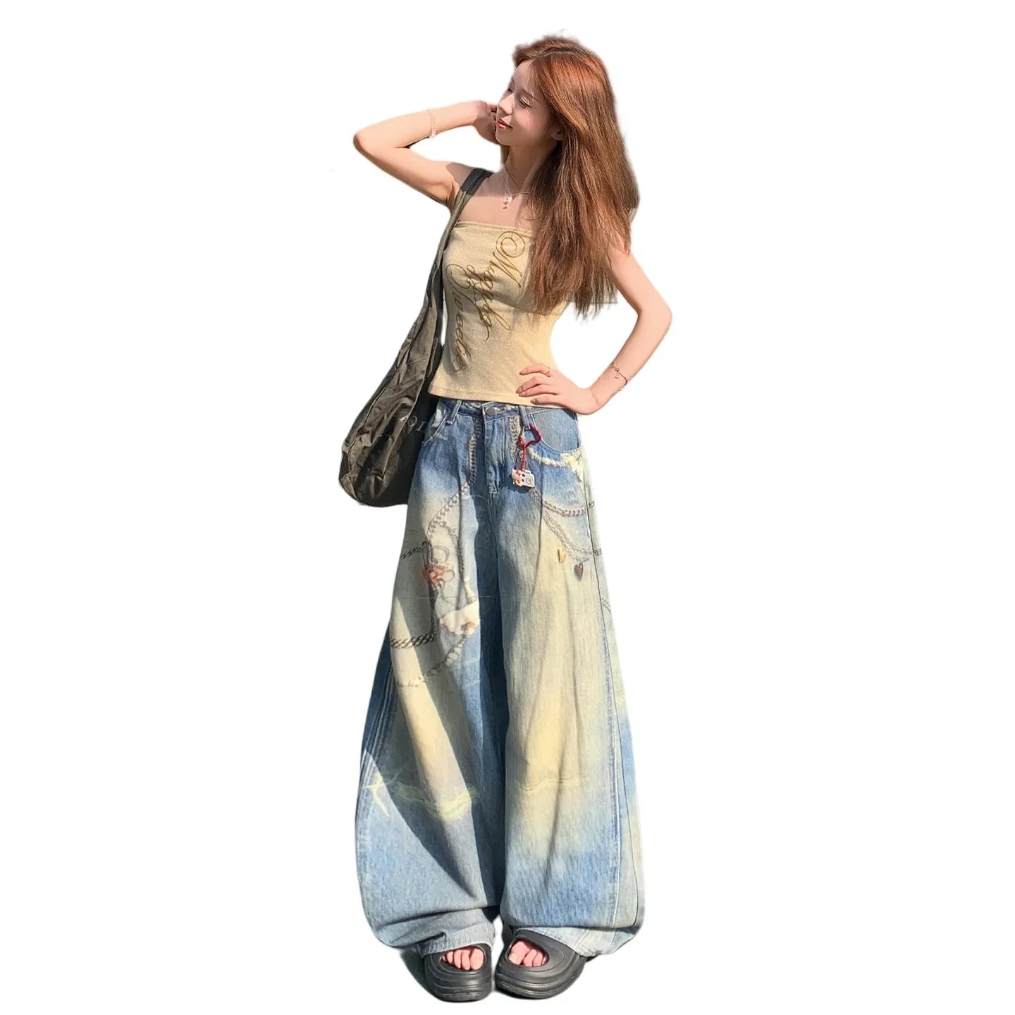 Mary's American Retro 3D Printed Chain Design Loose Wide Leg Denim Jeans