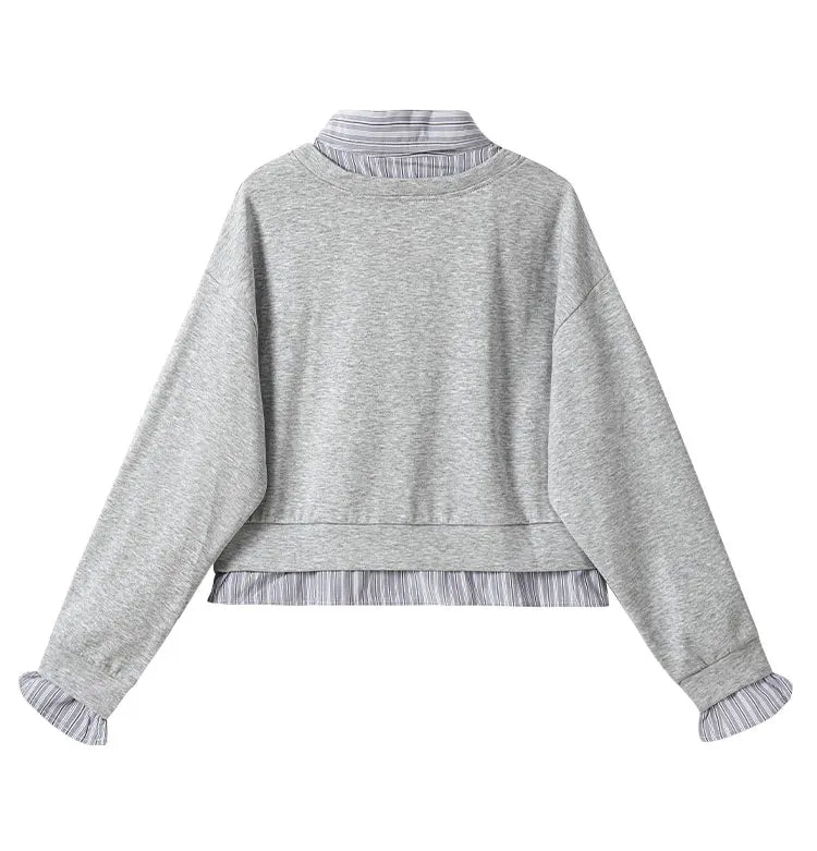 Women’s Stripe Patchwork Sweatshirt – Loose Fit Shirt Collar Fake Two-Piece Casual Top
