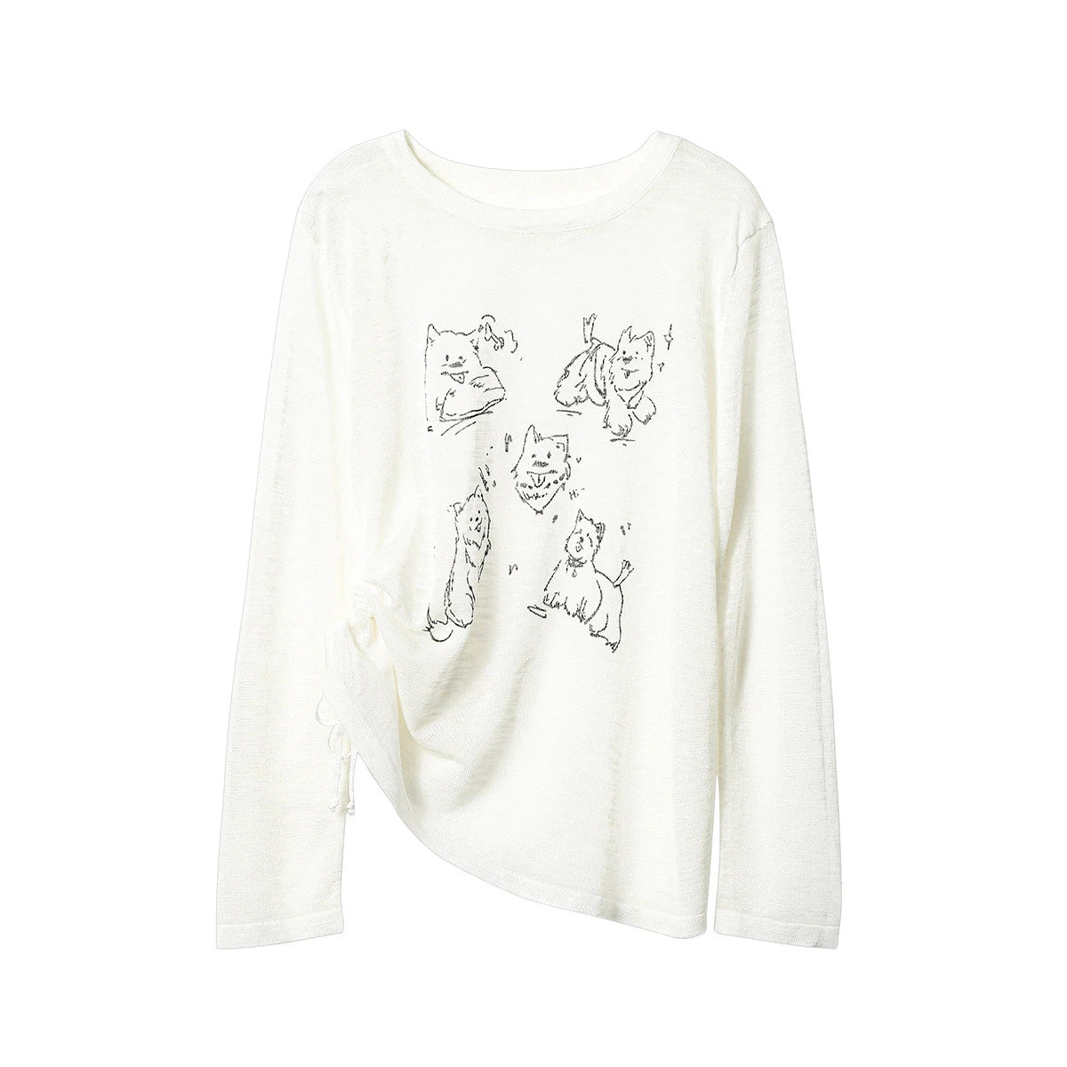Women’s Korean Dog Print T-Shirt – Cute Casual Long Sleeve White Top, Lightweight Sun Protection Summer Tee
