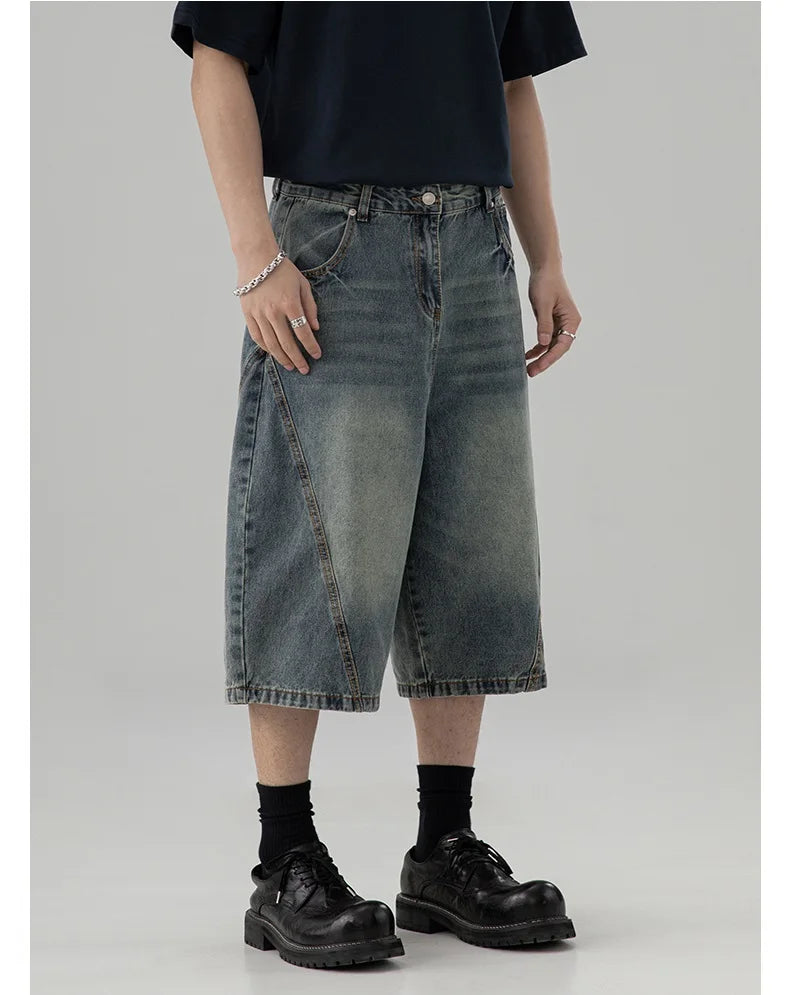 Men’s American Style Lightning Print Denim Shorts – Loose Straight-Leg Summer Jeans, Casual Wide-Leg Streetwear