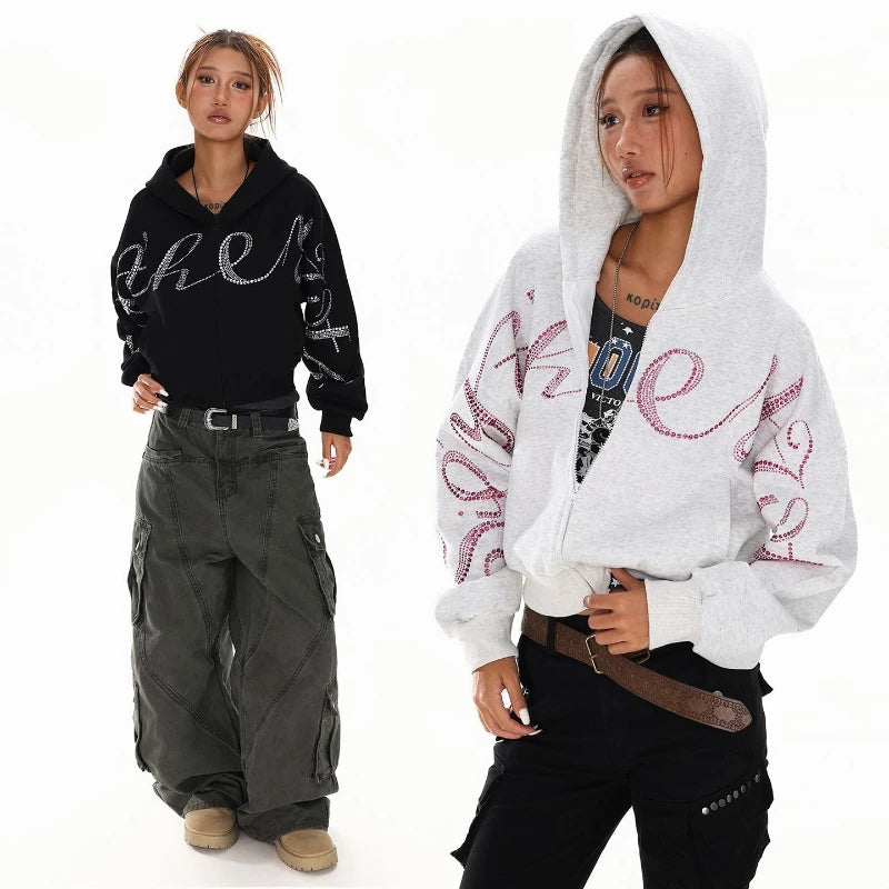 Women’s Vintage Hooded Jacket – Long Sleeve Rhinestone Punk Streetwear Coat, Casual Autumn Outerwear