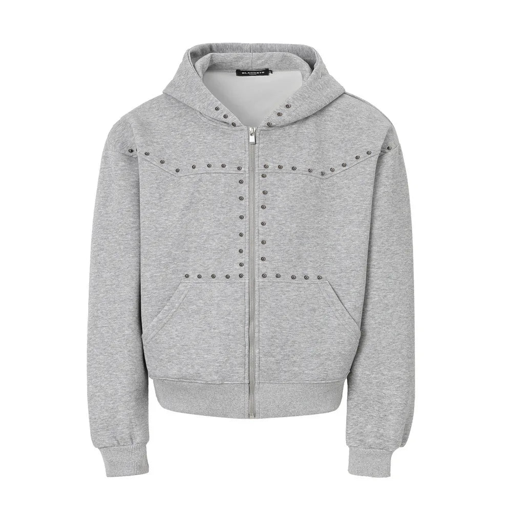 Men’s Studded Hooded Cardigan Sweatshirt – Loose-Fit Streetwear Jacket, Trendy Sporty Casual Top