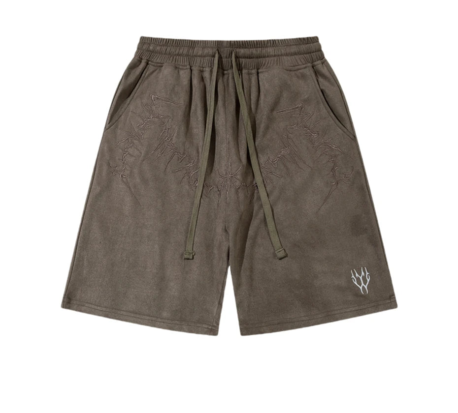 Men’s Suede Knee-Length Shorts – Casual Harajuku Hip Hop Streetwear, Baggy Summer Shorts with Thorn Embroidery