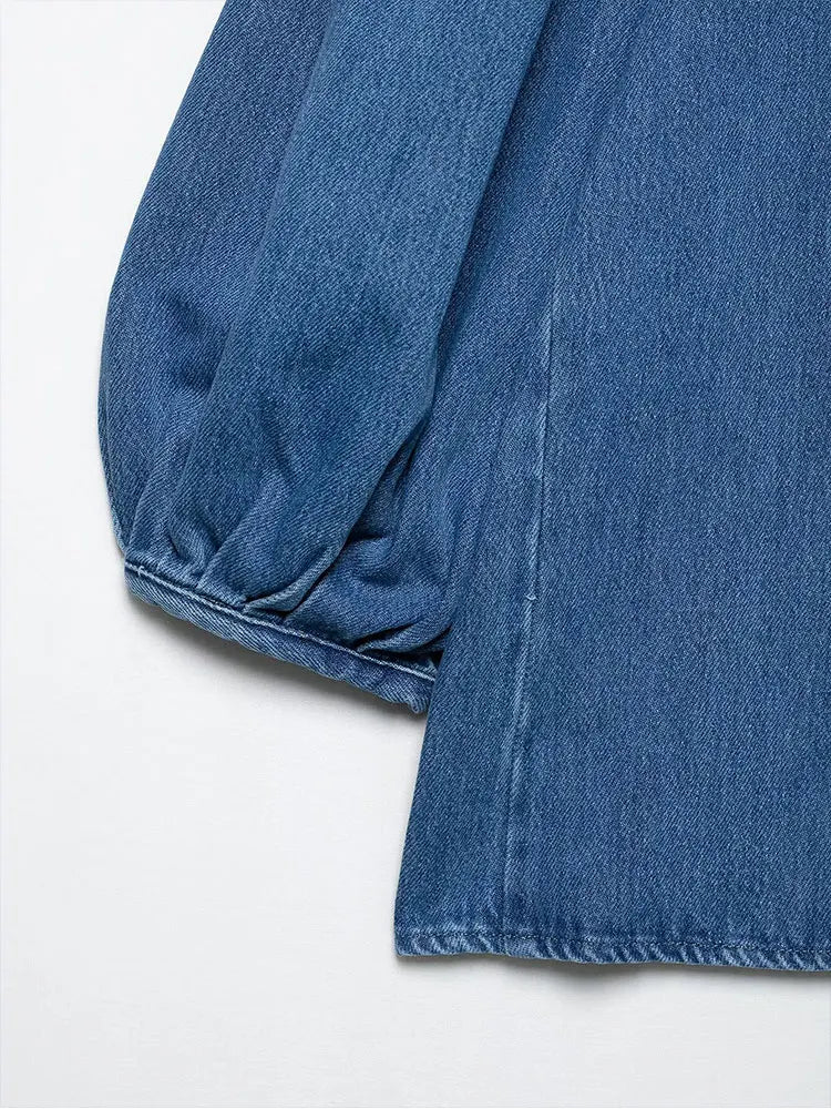 Women’s Casual Denim Blouse – Loose Fit Collar Shirt