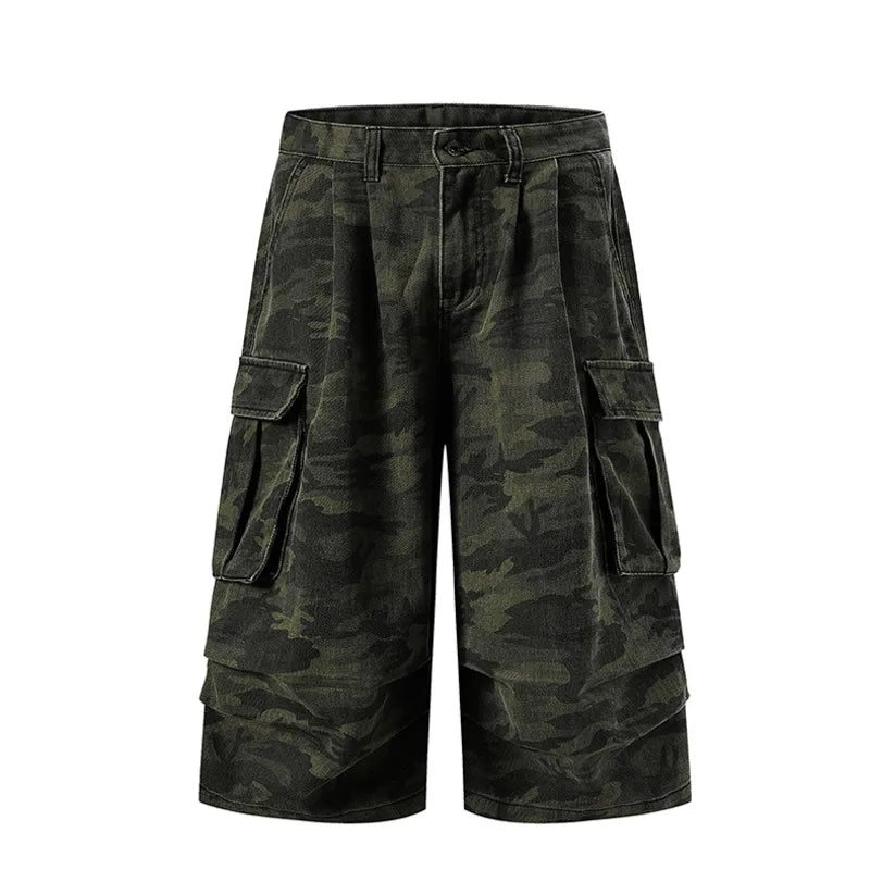 IEFB Men’s Camo Cargo Shorts – Washed Grey Baggy Denim Knee-Length Shorts | Streetwear