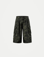 IEFB Men’s Camo Cargo Shorts – Washed Grey Baggy Denim Knee-Length Shorts | Streetwear