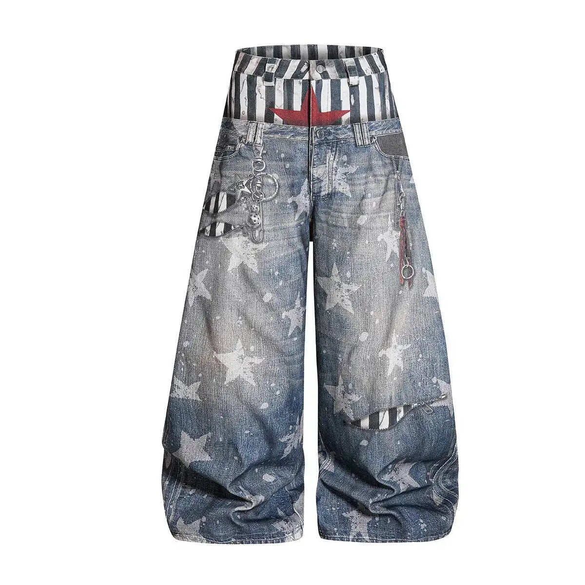 PFNW Men’s American Streetwear Wide-Leg Jeans – Loose Fit Fake Two-Piece Printed Denim Pants | 2026 Summer