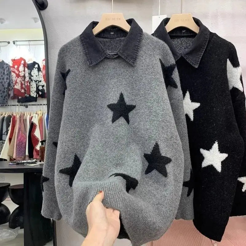 Women’s Star Embroidered Knit Sweater – Loose Fit Long Sleeve Casual Pullover, Comfortable Spring & Autumn Outerwear