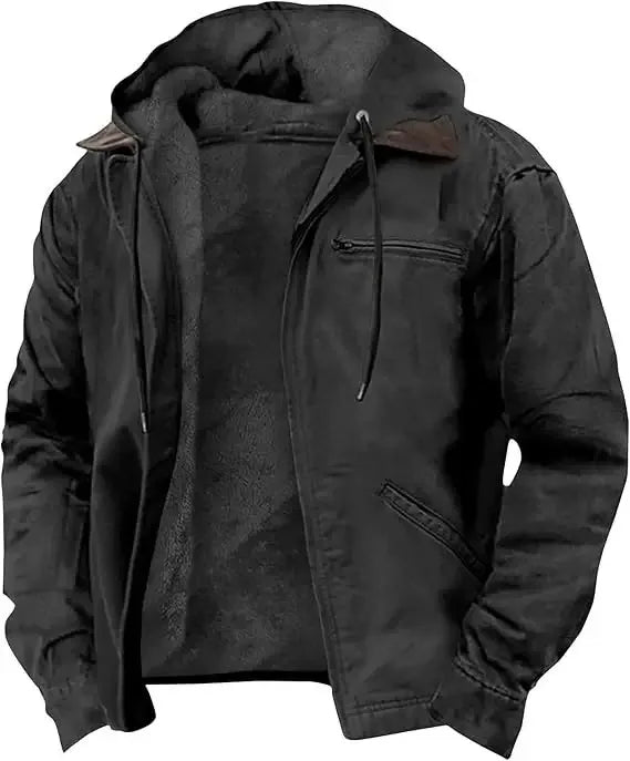 Men’s Fleece-Lined Hooded Jacket – Warm Winter Casual Zipper Coat with Multi Pockets