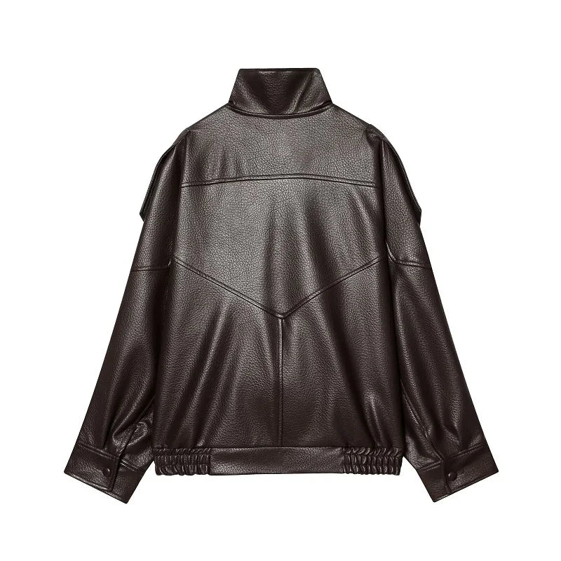 Women’s Oversized Faux Leather Bomber Jacket – Winter Fashion Coat