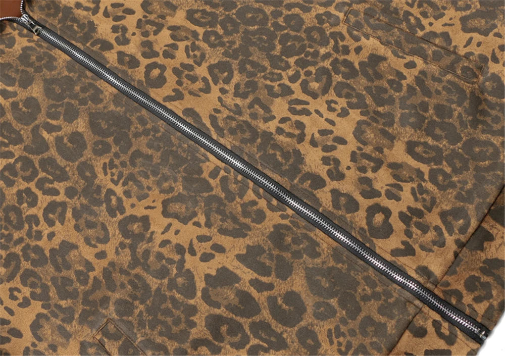 Unisex Leopard Print Suede Jacket – Vintage Stand Collar Zip-Up Coat, Harajuku Hip Hop Streetwear Outerwear