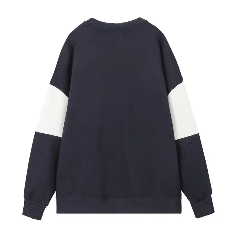Women’s Embroidered Text Sweatshirt – Long Sleeve Color Block Crew Neck Casual Top