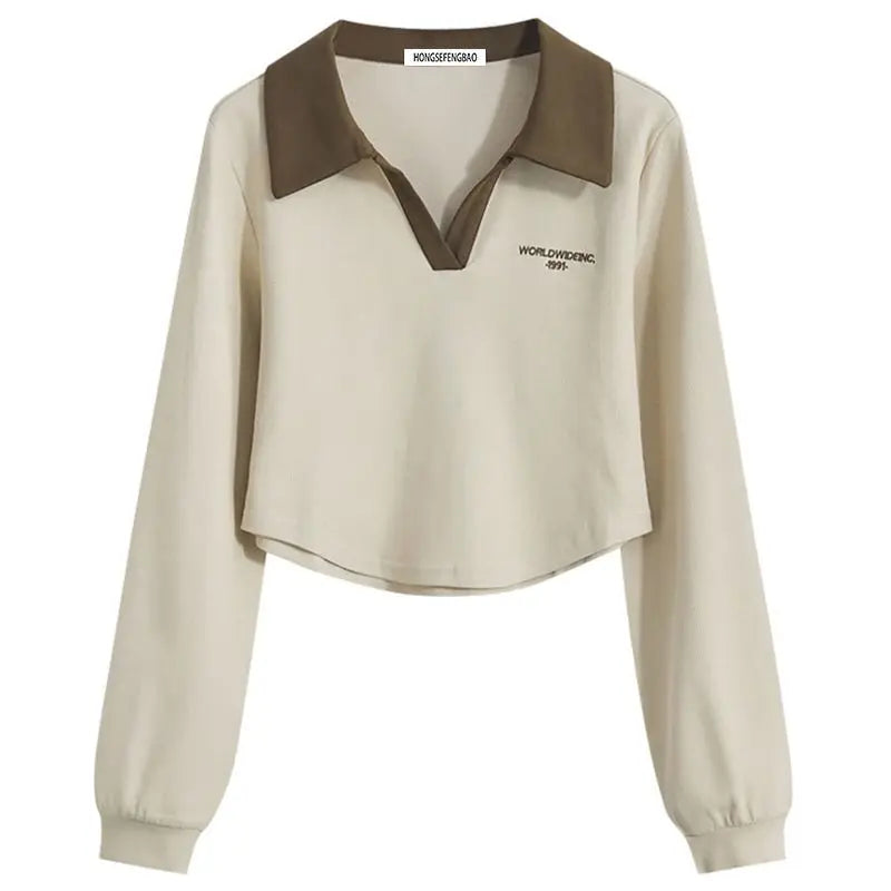 Women’s Vintage Letter Print Sweatshirt – Asymmetrical Loose Fit Polo Collar Top