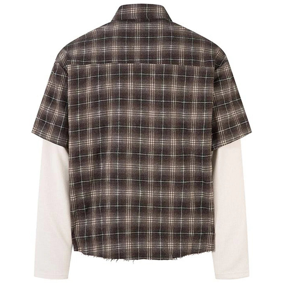 Men’s Vintage Plaid Layered Shirt – Loose Fit Long Sleeve Streetwear