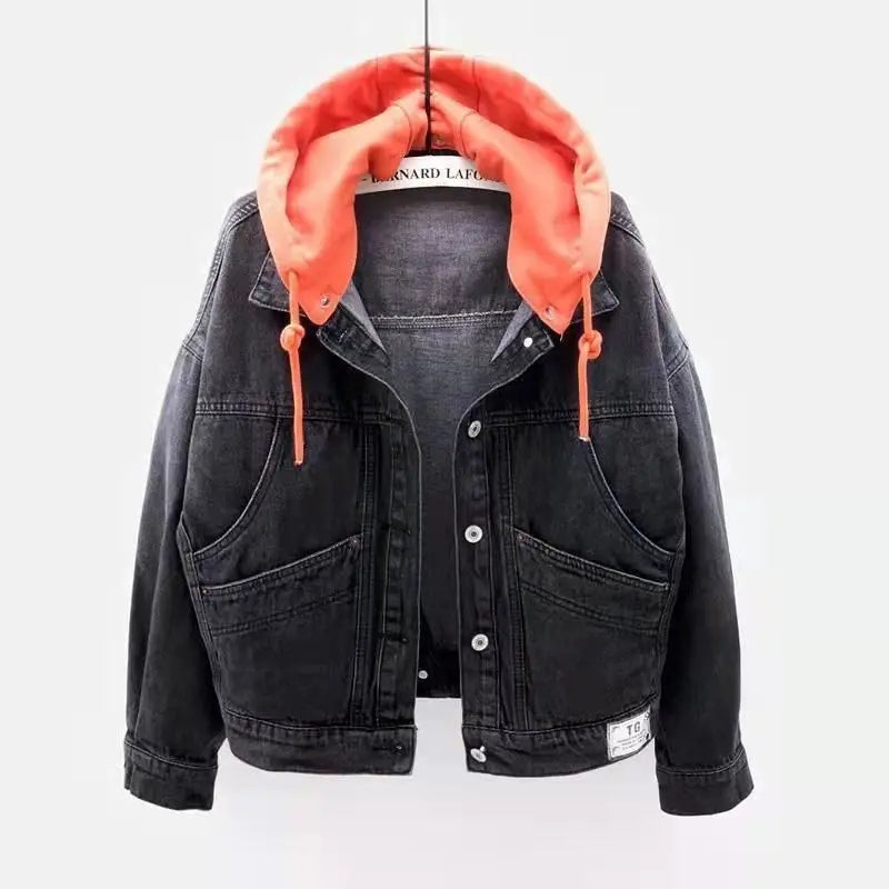 Women’s Hooded Denim Jacket – Retro Loose-Fit Short Coat for Spring & Autumn