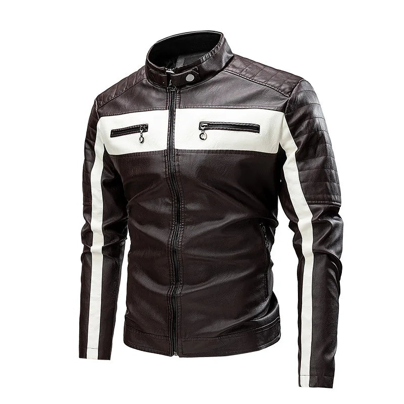 Men's PU Leather Motorcycle Jacket – Slim Fit Stand Collar Biker Coat