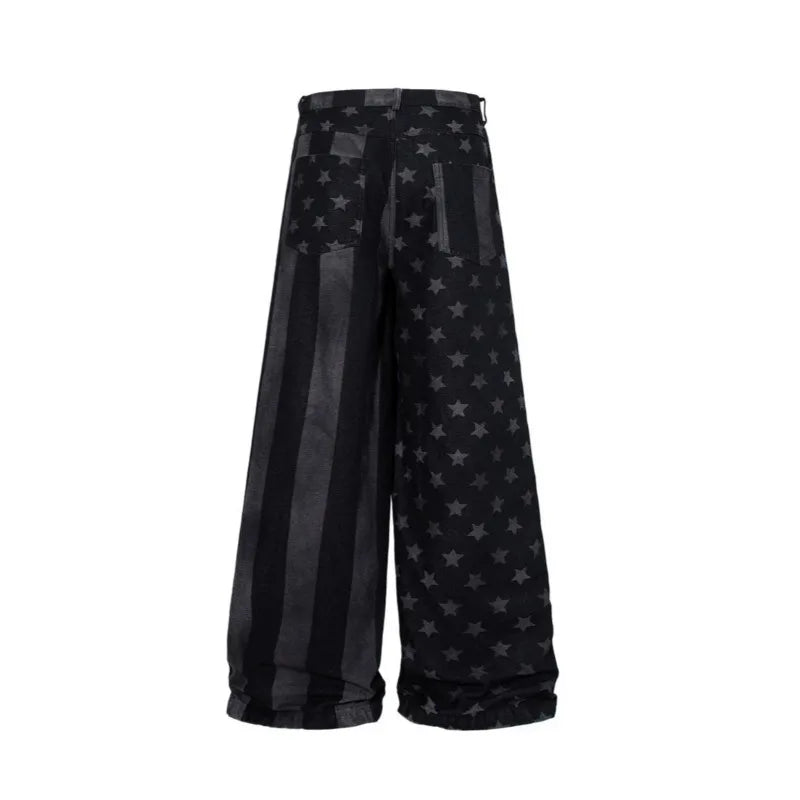 PFNW Men’s Retro Striped Wide-Leg Jeans – Loose Fit Printed Denim Pants | American High-Street Streetwear