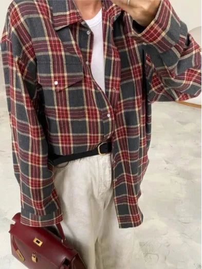 Women’s Oversized Plaid Shirt | Vintage Korean Style Long Sleeve Button-Up Blouse with Pocket – Autumn Winter