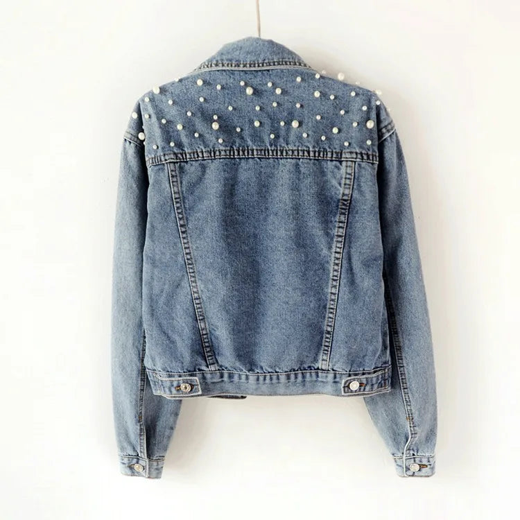 Women’s Beaded Denim Jacket – Loose Fit Embellished Winter Coat for Autumn & Winter