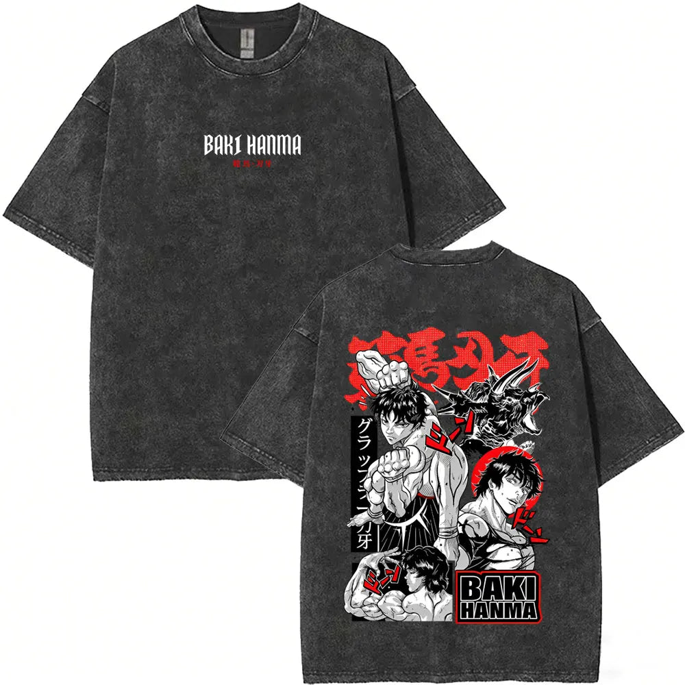Unisex Baki Hanma Anime T-Shirt – Vintage Washed Oversized Retro Manga Cotton Tee