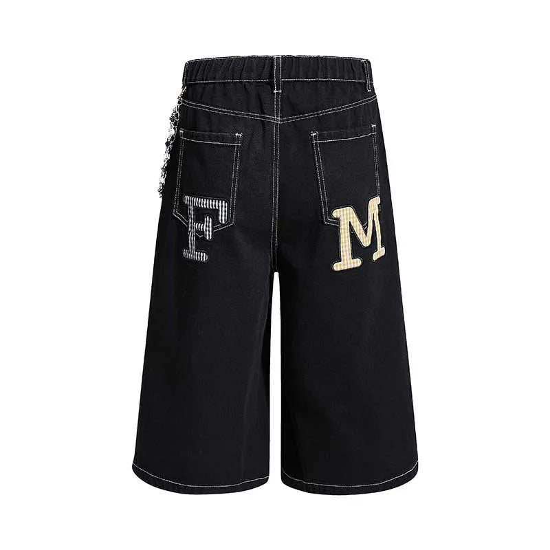 Men’s Y2K Denim Shorts – Loose-Fit Heart Embroidery Jorts with Chain Detail | Baggy Summer Streetwear