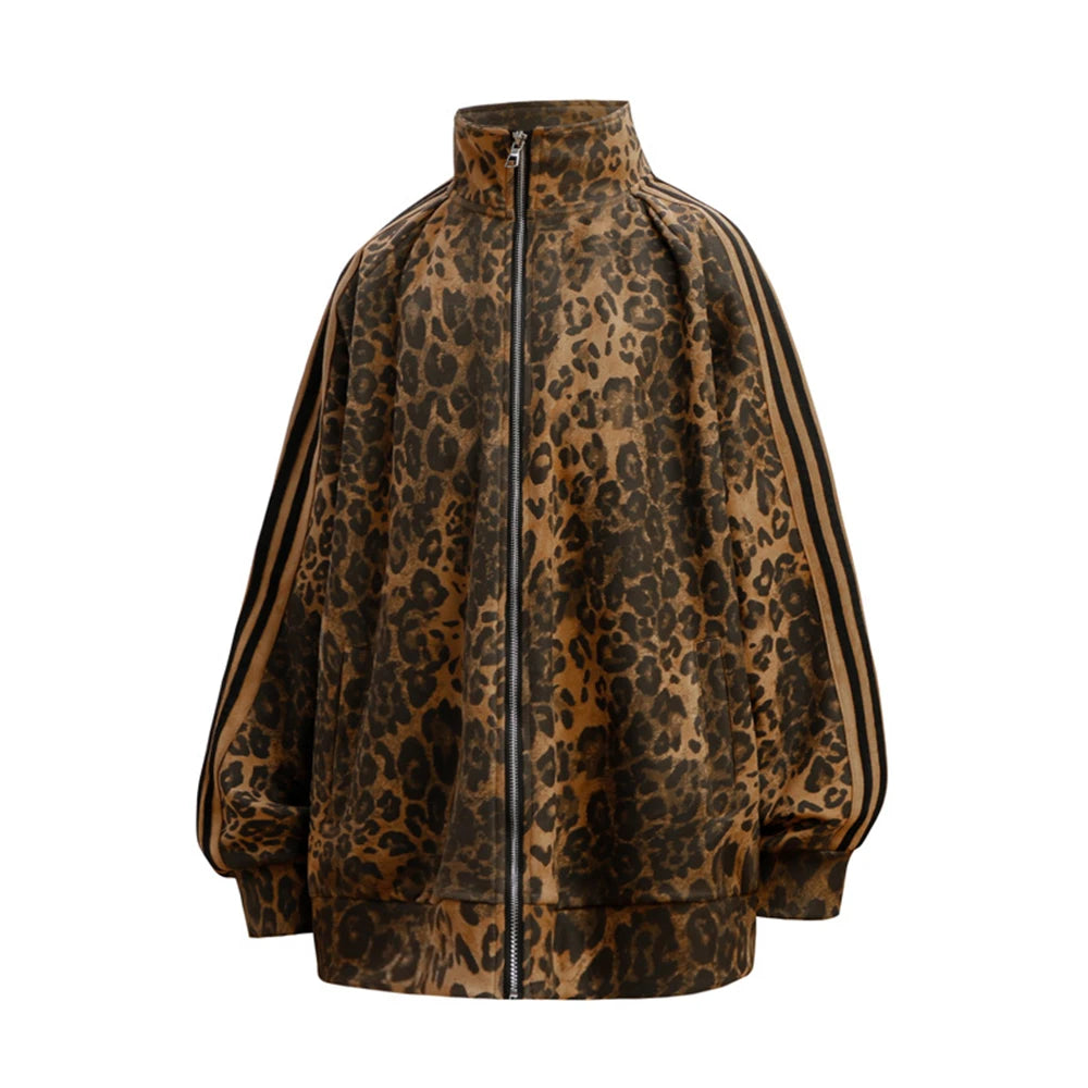 Unisex Leopard Print Suede Jacket – Vintage Stand Collar Zip-Up Coat, Harajuku Hip Hop Streetwear Outerwear