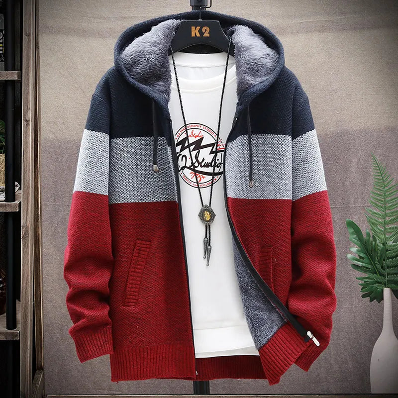 Men’s Winter Fleece Cardigan – Zipper Knit Sweater, Striped Casual Jacket