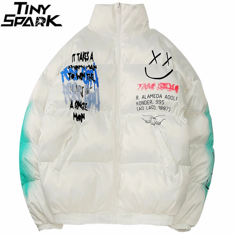 Hip Hop Parka Happy Graffiti Print Men Windbreaker Jacket