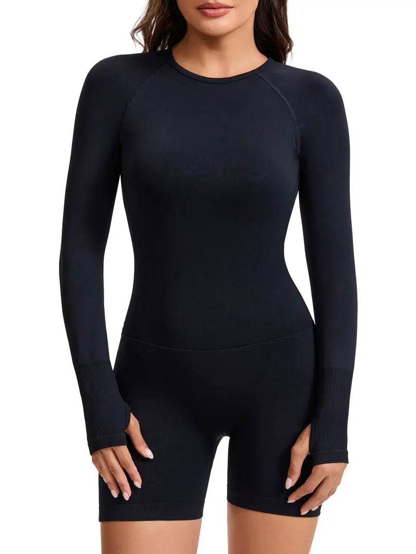 Women's Seamless Long Sleeve Yoga Jumpsuit – Open Back Gym Playsuit