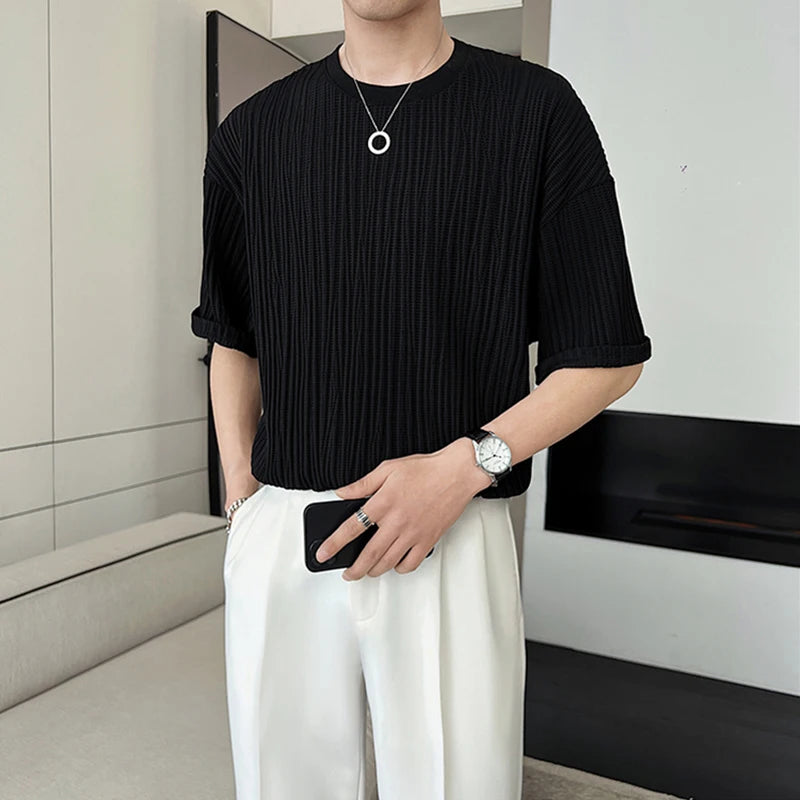 Men's Ice Silk Pleated T-Shirt – Casual Summer Crewneck Tee