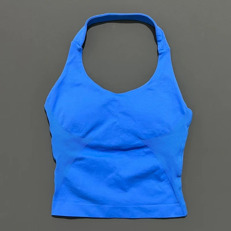 Women's Seamless Halterneck Longline Sports Tank Top – Ruched Gym Activewear
