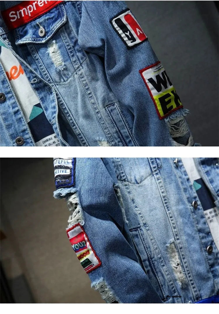Men Brand Denim Jacket Streetwear Punk Motorcycle Ripped Male Jeans Outwear