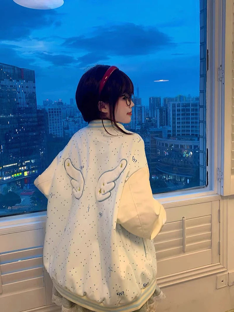 Embroidered Wings White Baseball Jacket Women Loose Lazy Casual Sweet Coat Long Sleeve Fall Winter Polka Dot Korean Outwear