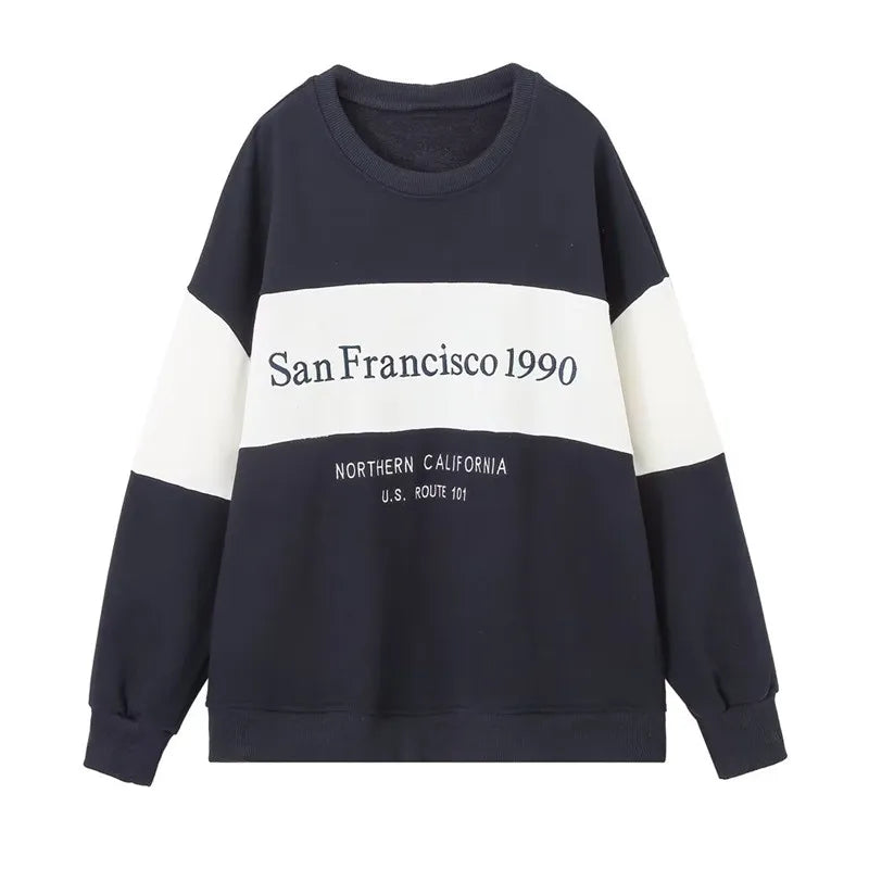Women’s Embroidered Text Sweatshirt – Long Sleeve Color Block Crew Neck Casual Top