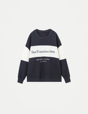 Women’s Embroidered Text Sweatshirt – Long Sleeve Color Block Crew Neck Casual Top