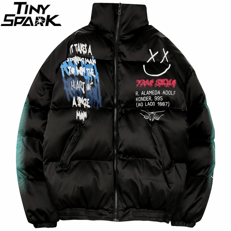 Hip Hop Parka Happy Graffiti Print Men Windbreaker Jacket