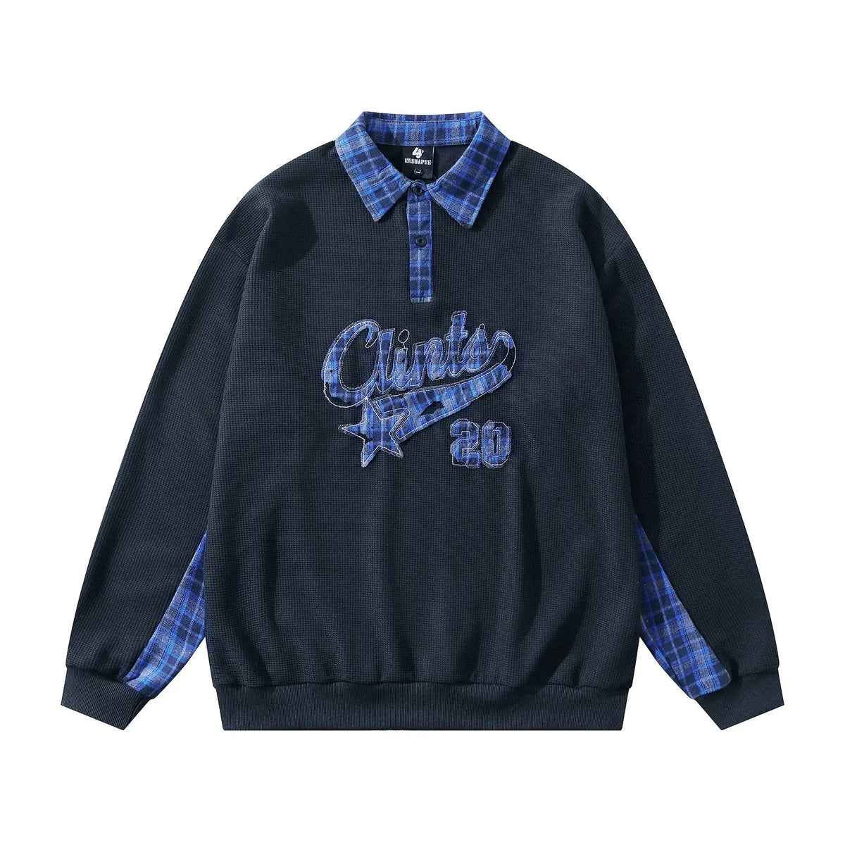 Men’s Vintage Embroidered Polo Shirt – Plaid Collar Long Sleeve | Loose Fit Streetwear Top