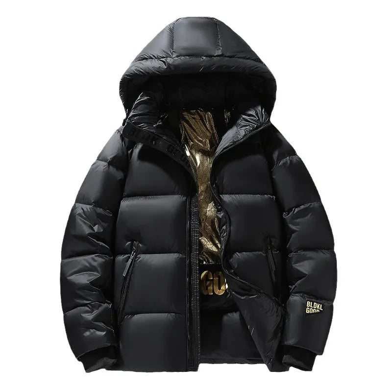 Men’s Winter Hooded Puffer Jacket – Thick Warm Cold-Weather Coat, Black & Gold Trendy Thermal Outerwear