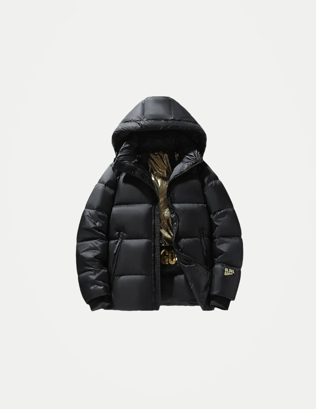 Men’s Winter Hooded Puffer Jacket – Thick Warm Cold-Weather Coat, Black & Gold Trendy Thermal Outerwear