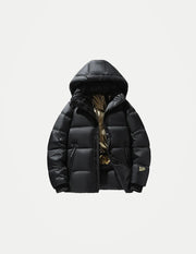 Men’s Winter Hooded Puffer Jacket – Thick Warm Cold-Weather Coat, Black & Gold Trendy Thermal Outerwear
