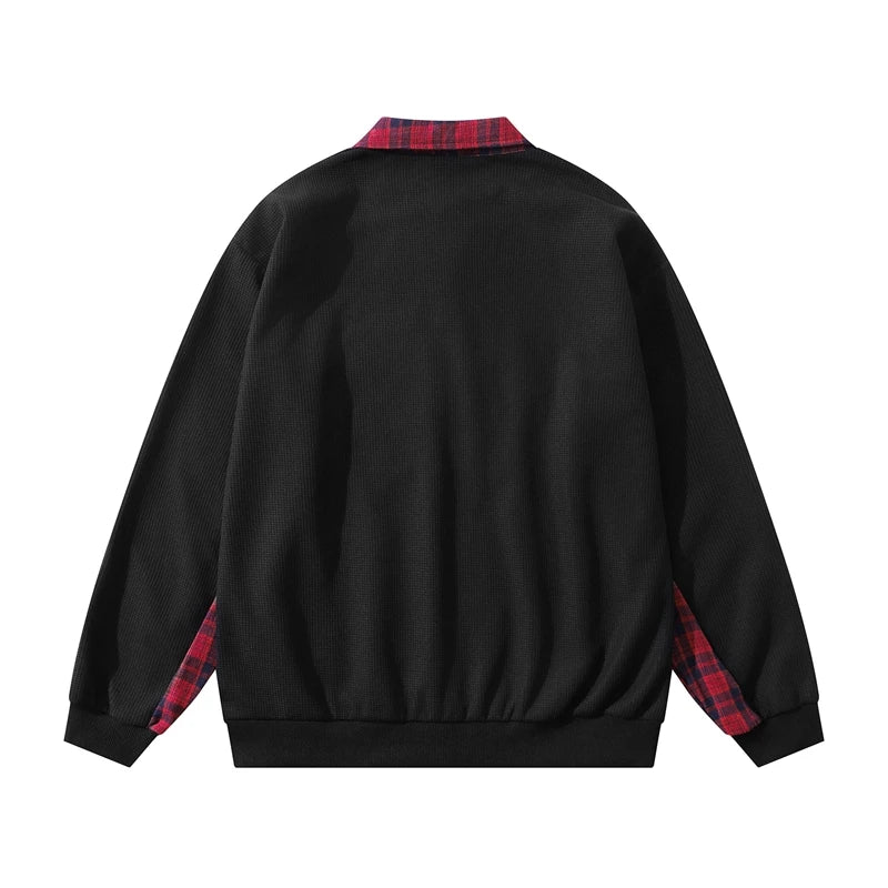 Men’s Vintage Embroidered Polo Shirt – Plaid Collar Long Sleeve | Loose Fit Streetwear Top