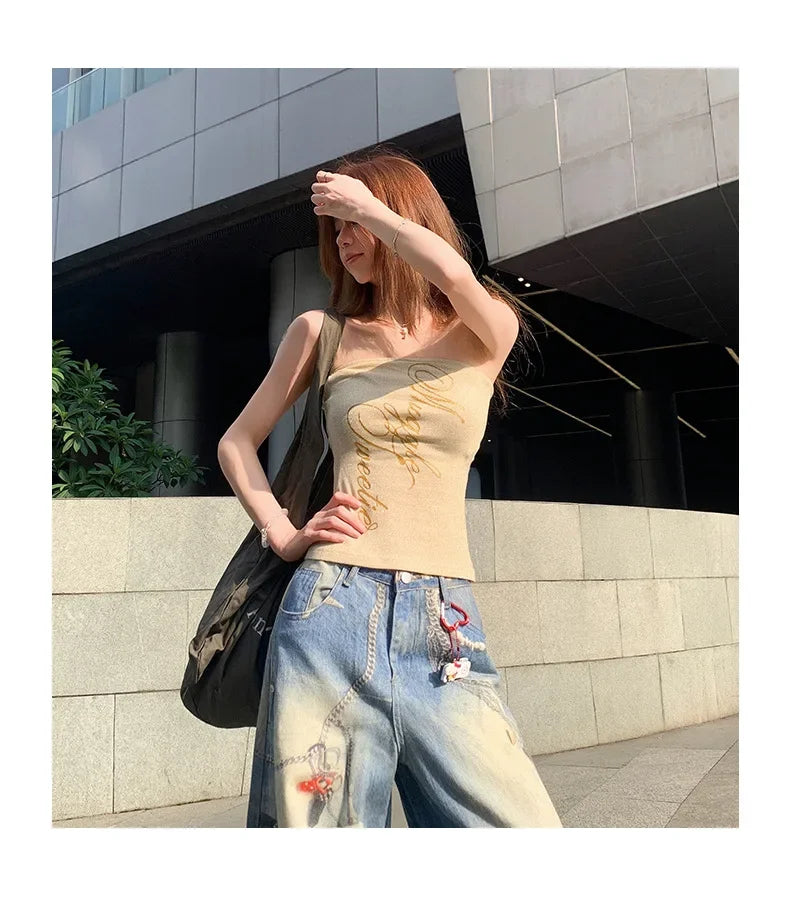 Mary's American Retro 3D Printed Chain Design Loose Wide Leg Denim Jeans