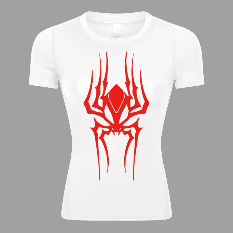 Women’s Spider Print Compression Shirt – Short Sleeve Athletic Top for Running, Gym & Yoga