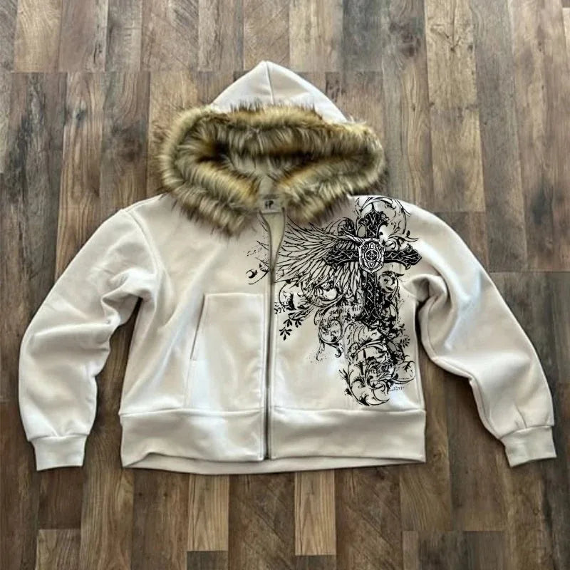 Unisex Y2K Graphic Hoodie – Thick Warm Zip-Up Jacket