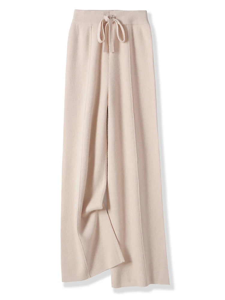 Women’s Merino Wool Wide Leg Pants – Soft Warm Knitted Casual Winter Trousers