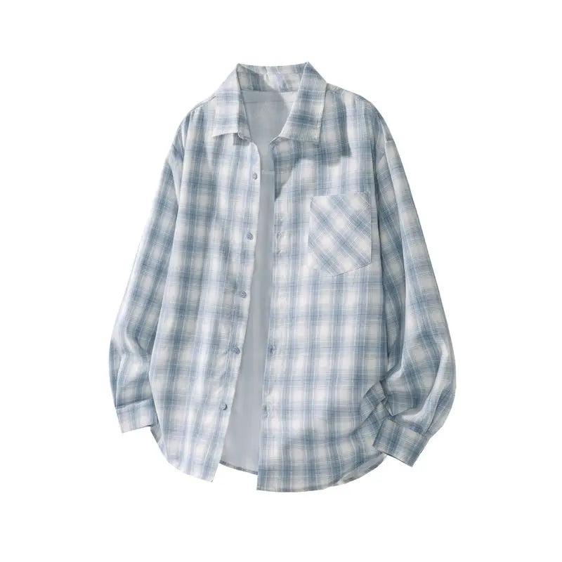 Unisex Blue Plaid Shirt – Loose Fit Long Sleeve Vintage Casual Top