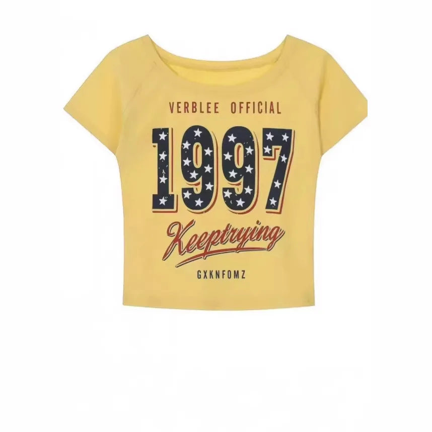 Women’s Summer Letter Print T-Shirt – American Retro Star Short Sleeve Slim Fit Streetwear Top