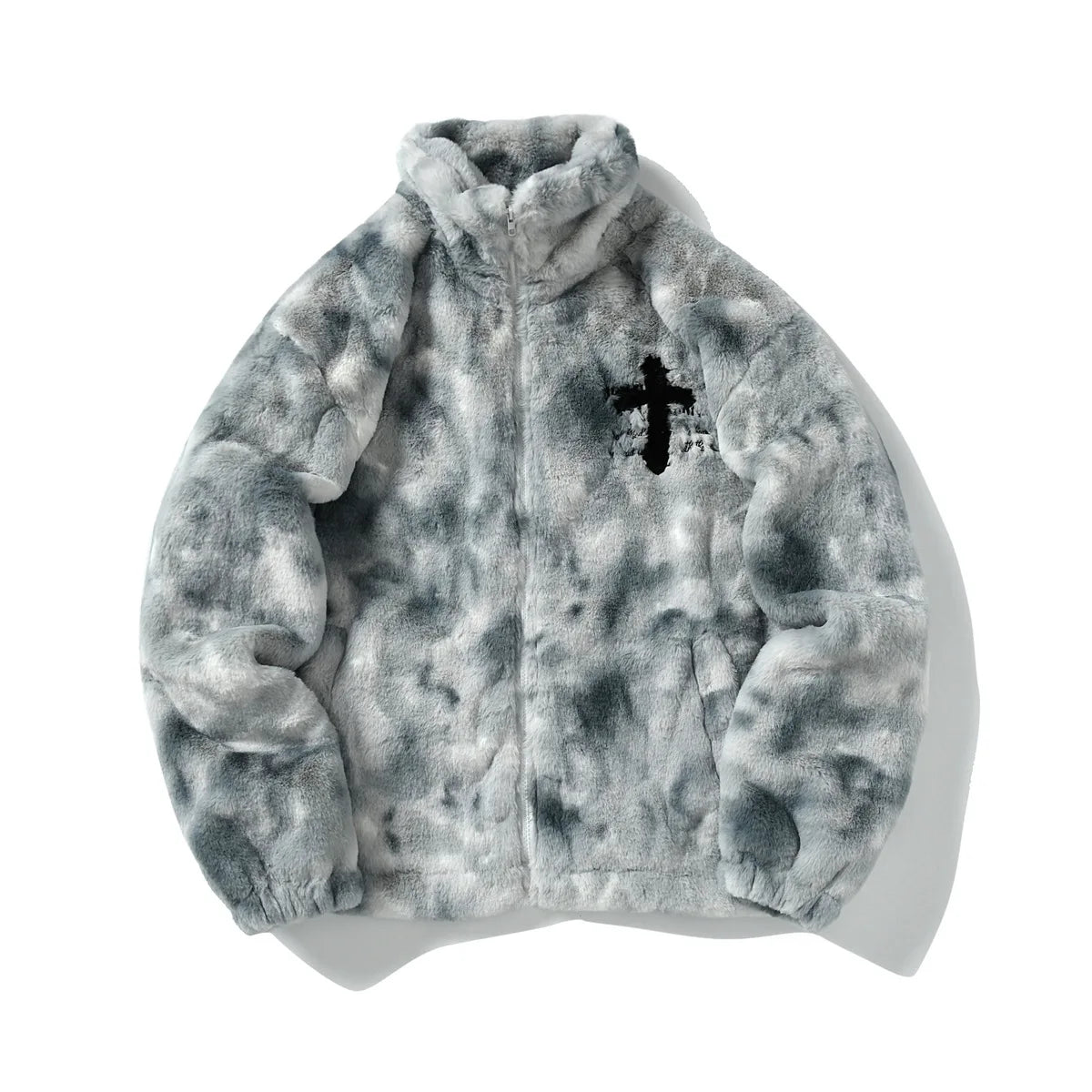 Men Rabbit Fur Jacket Coats Hip Hop Cross Letters Winter Fleece Jacket Streetwear Casual Harajuku Coat Zip Up Fashion Outerwear